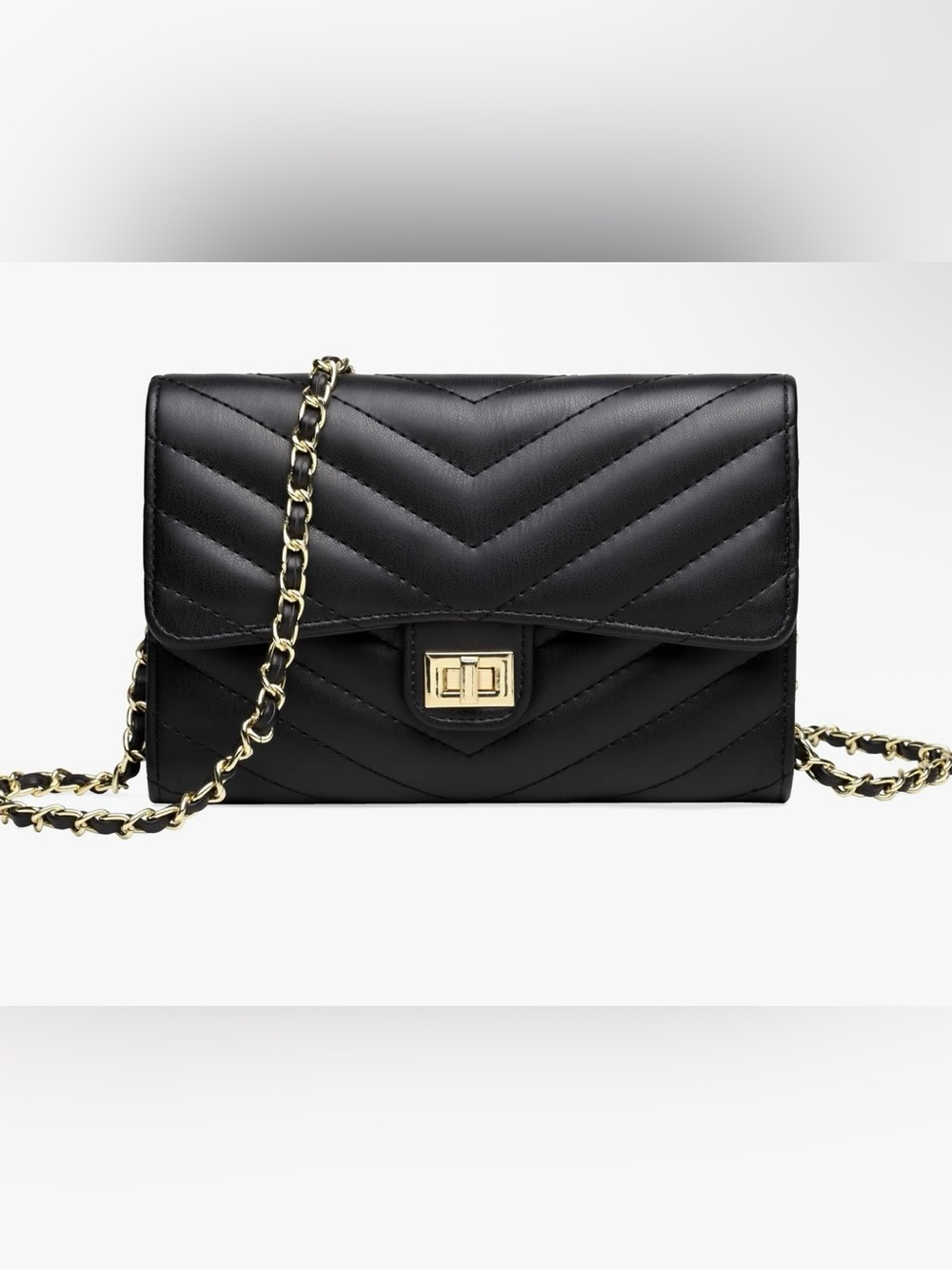 Quilted Chevron Chain Shoulder Bag - Black
